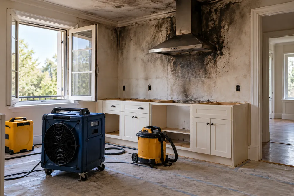 Air-cleaning equipment in a fire-damaged kitchen