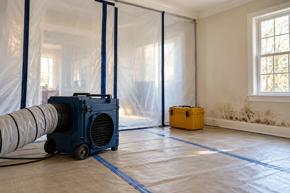 Containment and air-handling equipment in a room undergoing remediation