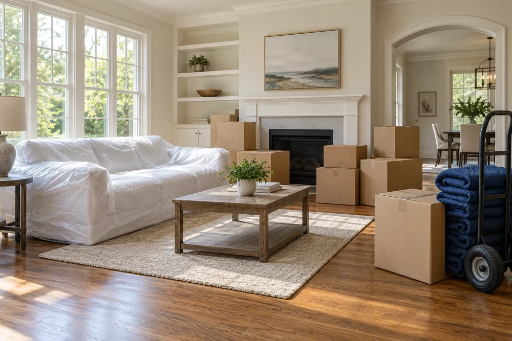 Packed belongings and protected furniture during a pack-out