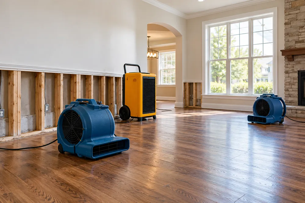 Drying equipment in a water-damaged room